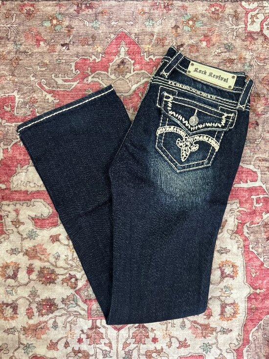 Rock Revival Denim - Rock Revival Jenna Boot Cut Jeans Dark Wash Thick Stitch Fleur de Lis Size 28